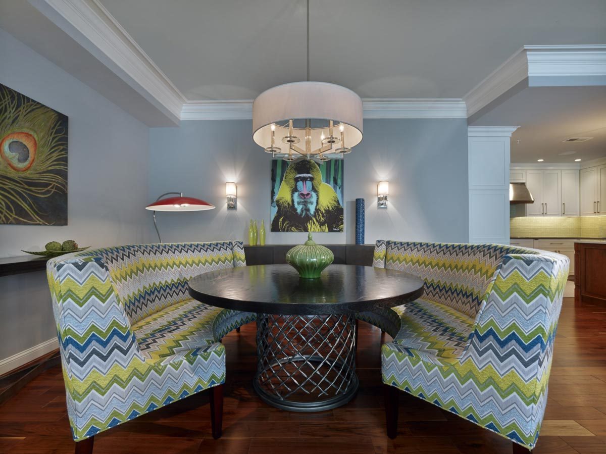Chevron Fabric Banquette Dining Room